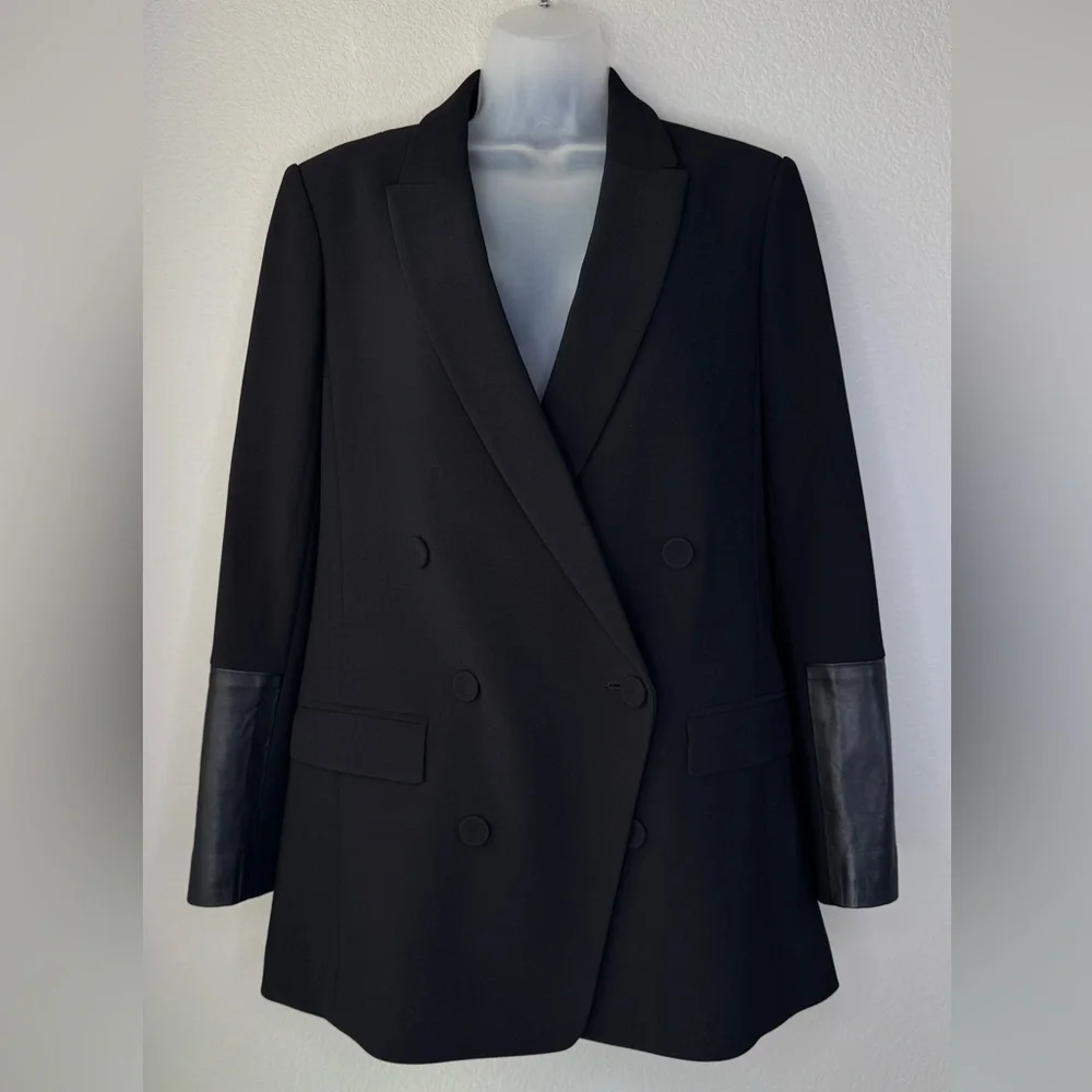Club Monaco Double‑Breasted Wool‑Blend Blazer Lamb‎ Leather Cuff Sleeves Size 12
